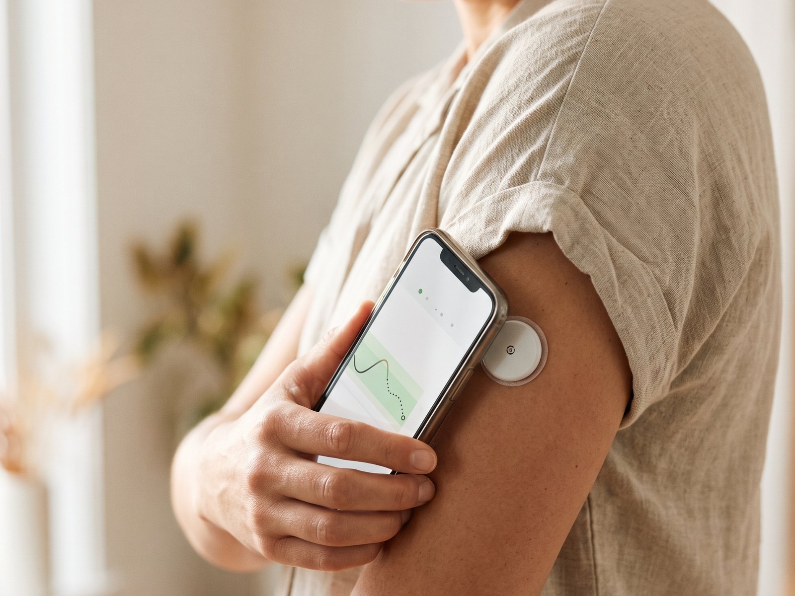A phone held next to a CGM sensor showing a glucose trend